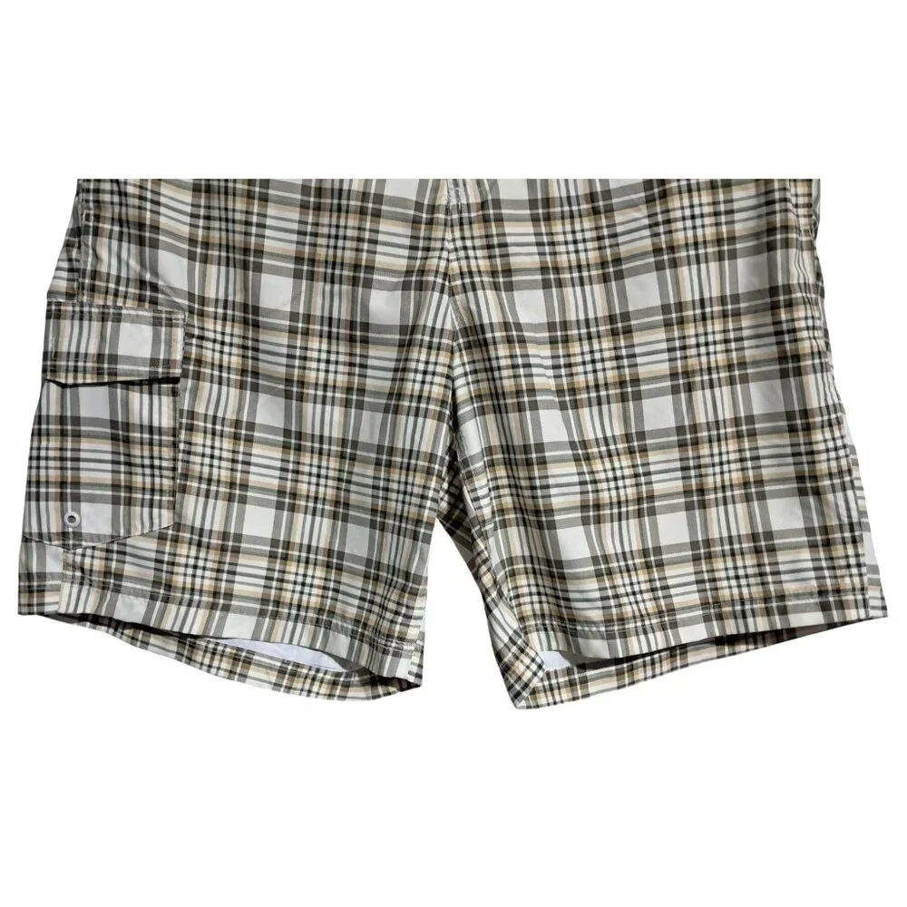 Chaps Plaid Swim Trunks Mens XL Beige White Polyester Mesh‎ Lined Drawstring